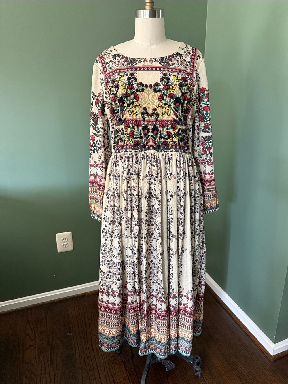 Anthropologie Boho Floral Long Sleeve Maxi Dress in Cream and Multicolor